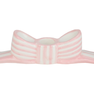 Castiçal em cerâmica branco com riscas cor-de-rosa em forma de laço