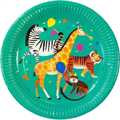 Prato de papel verde com ilustração de animais e balões coloridos