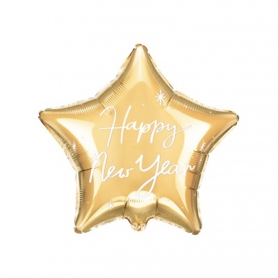 Balão estrela dourada metálica com texto Happy New Year