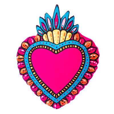 Coração decorativo colorido com padrões vibrantes em fundo preto