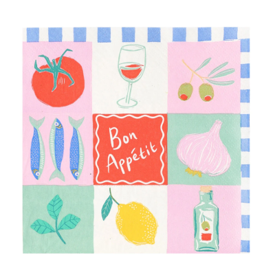Guardanapo com desenhos de comida e texto Bon Appétit