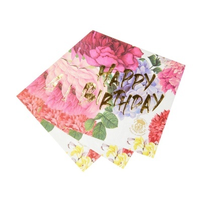 Guardanapos de papel com padrão floral e texto 'HAPPY BIRTHDAY' em dourado