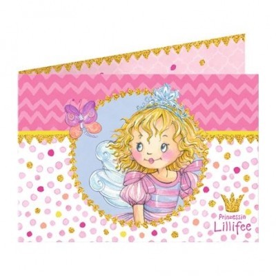 Cartão infantil com princesa loira, coroa azul e texto PRINZESSIN Lillifee