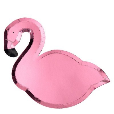 Prato descartável rosa em forma de flamingo com contorno metálico