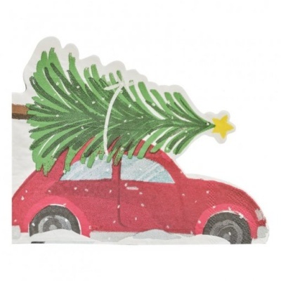 Carro vermelho com árvore de Natal verde e estrela amarela na ponta num fundo com neve