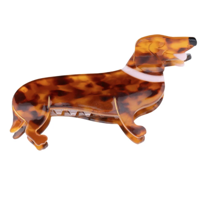 Presilha de cabelo castanha em forma de cão com padrão tigrado