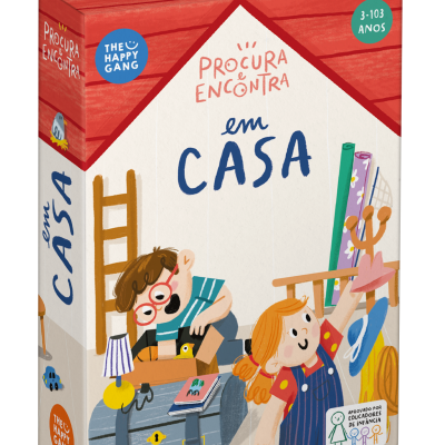 Caixa de jogo infantil Procura e Encontra em Casa com ilustrações de crianças.