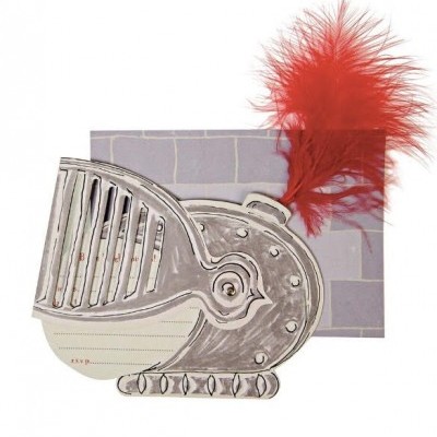 Máscara de cavaleiro prateada com pena vermelha