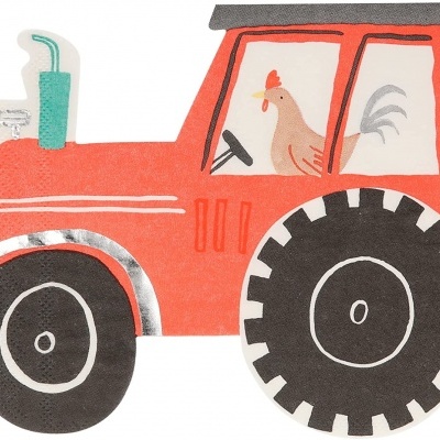 Recorte de trator vermelho com uma galinha na cabina e copo verde na chaminé