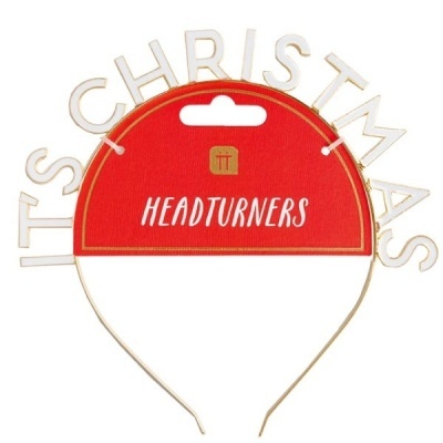Tiara metálica dourada com letras 'ITS CHRISTMAS' e suporte de cartão vermelho com 'HEADTURNERS'