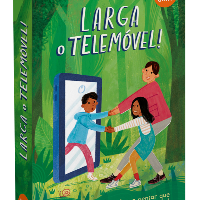 Caixa do jogo Larga o Telemóvel! com ilustração de crianças e telemóvel azul