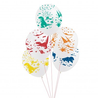 Balões de látex brancos com desenhos coloridos de dinossauros