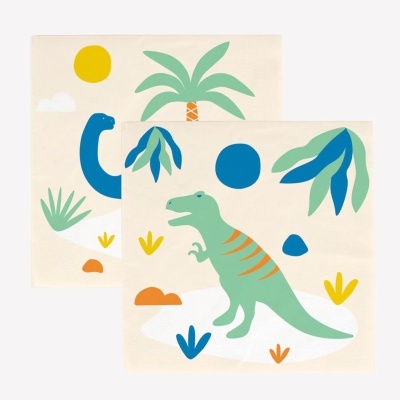 Panos de prato com estampas de dinossauros e vegetação colorida