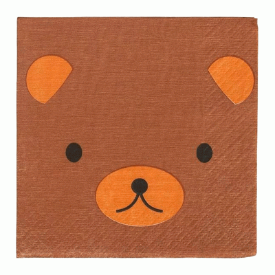Guardanapo castanho com rosto de urso em laranja e preto