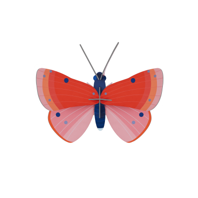 Borboleta estilizada com asas vermelhas e cor-de-rosa e corpo azul escuro