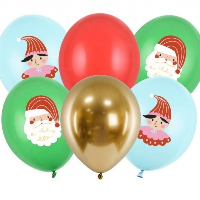 Balões coloridos de Natal com personagens e um balão dourado