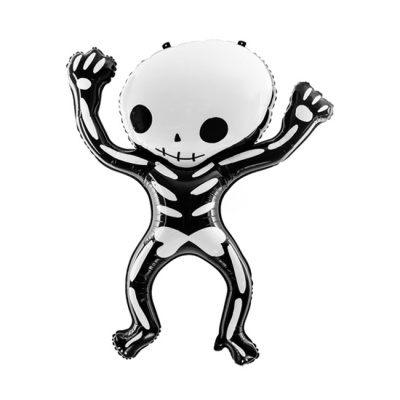 Balão de vinil em forma de esqueleto preto e branco com cabeça grande e mãos levantadas