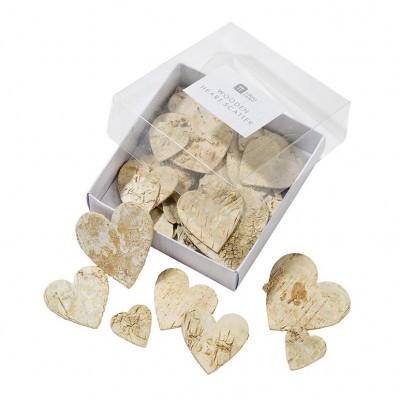 Conjunto de corações decorativos em madeira com caixa transparente