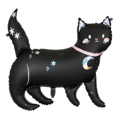 Balão em forma de gato preto com estrelas e lua brilhantes