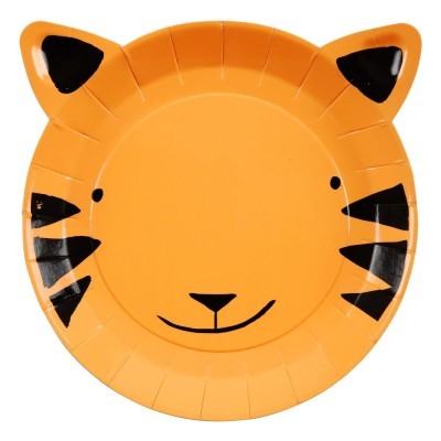 Prato de papel laranja com design de tigre