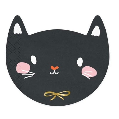 Guardanapo de papel preto em forma de cabeça de gato com detalhes cor de rosa e dourado