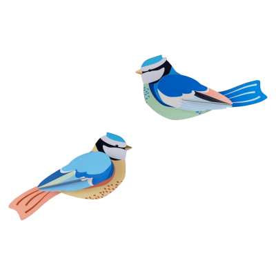 Ilustração de dois pássaros coloridos com azul e rosa