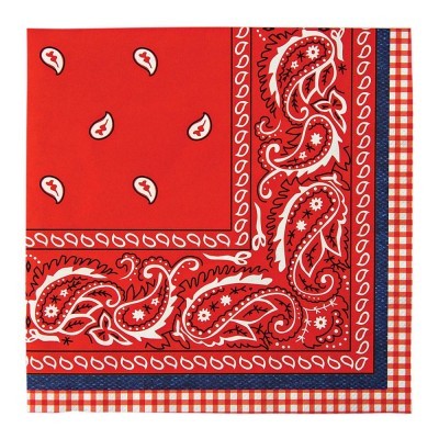 Três lenços sobrepostos em padrões e cores vermelha, branca e azul escuro.