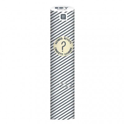 Cilindro de confetes listrado branco e preto com texto GENDER REVEAL CONFETTI CANNON