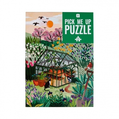 Caixa de puzzle com imagem de estufa e plantas e texto PICK ME UP PUZZLE