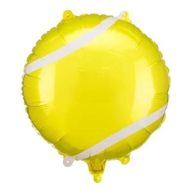 Balão redondo amarelo com faixas brancas e abas para fixação