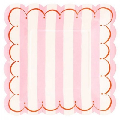 Guardanapo quadrado riscado rosa e branco com borda ondulada rosa e vermelho