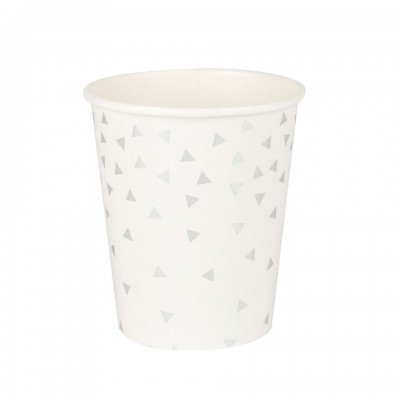 Copo descartável branco com triângulos cinzentos