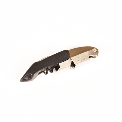 Saca-rolhas de metal e plástico preto com alavanca e espiral