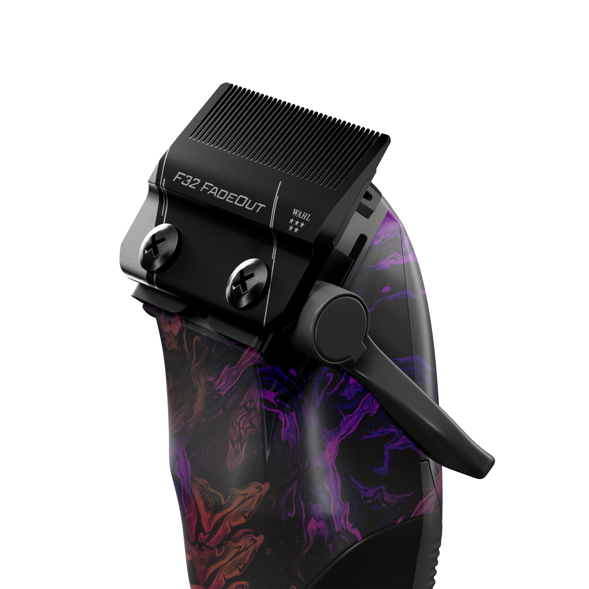 Máquina de cortar cabelo preta com design roxo e laranja e lâmina metálica
