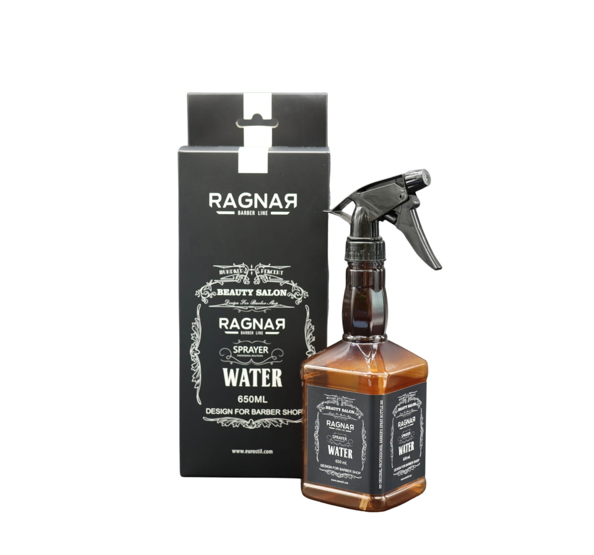 Frasco de spray para água RAGNAR de 850 ml com pulverizador preto e caixa preta com texto branco