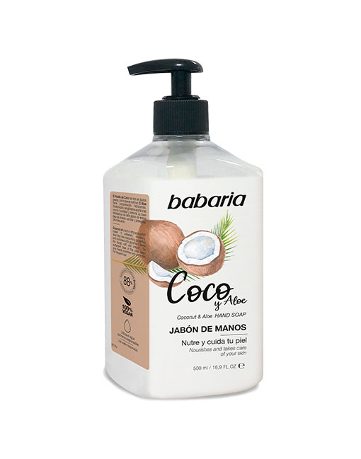Frasco branco de sabão líquido para mãos com doseador preto e etiqueta com imagem de coco partido e folha de aloé.