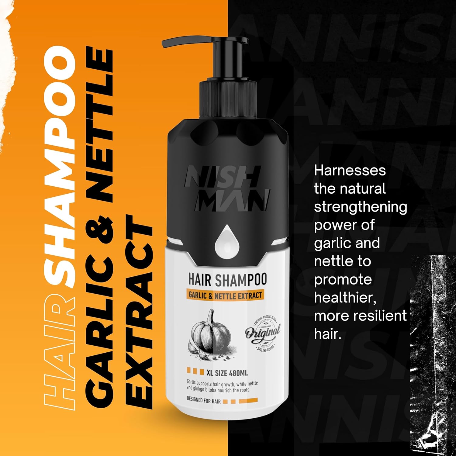 Frasco de champô NISH MAN com extrato de alho e urtiga em fundo laranja e preto