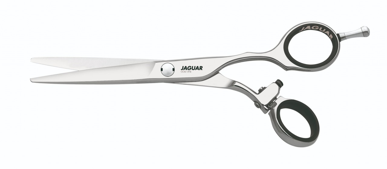 Tesoura de corte profissional de cabelo prateada e preta com texto JAGUAR