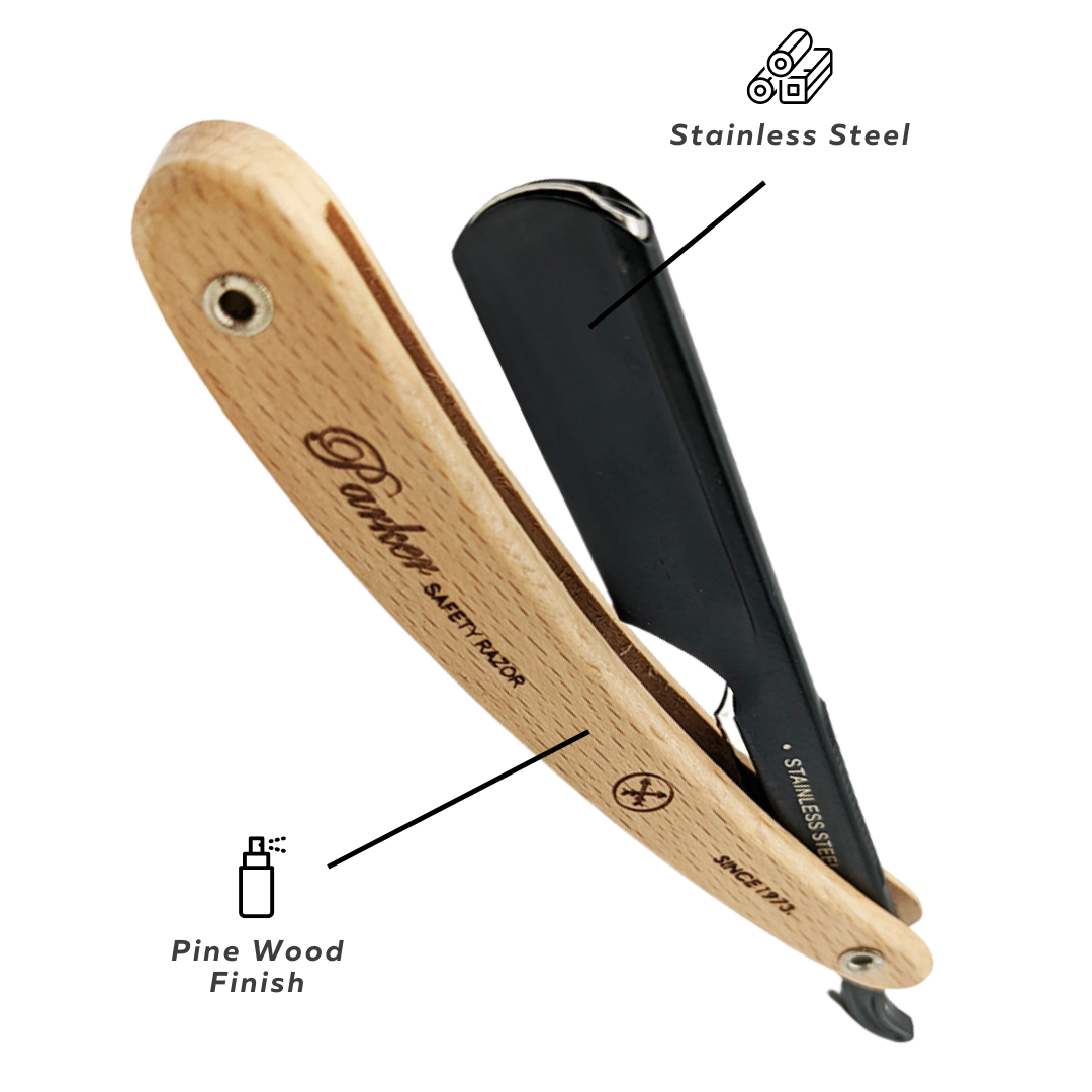 Navalha de barbear com cabo em madeira clara e lâmina em aço inoxidável preto