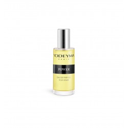 Frasco de perfume amarelo com rótulo preto e tampa prateada