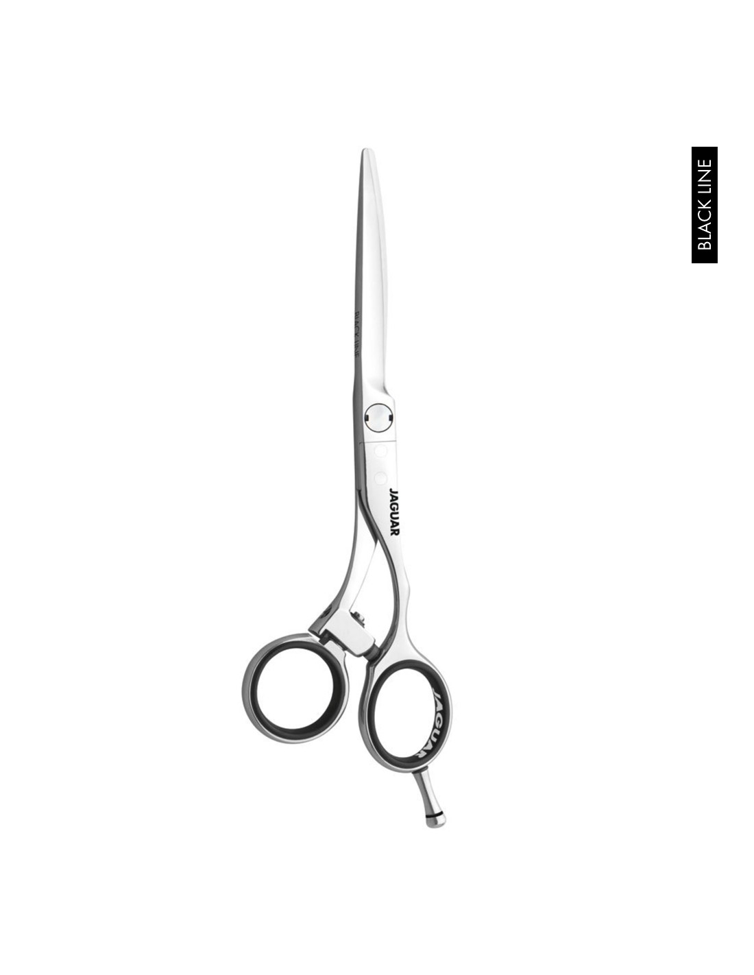 Tesoura de corte prateada com alças pretas e texto JAGUAR e BLACK LINE