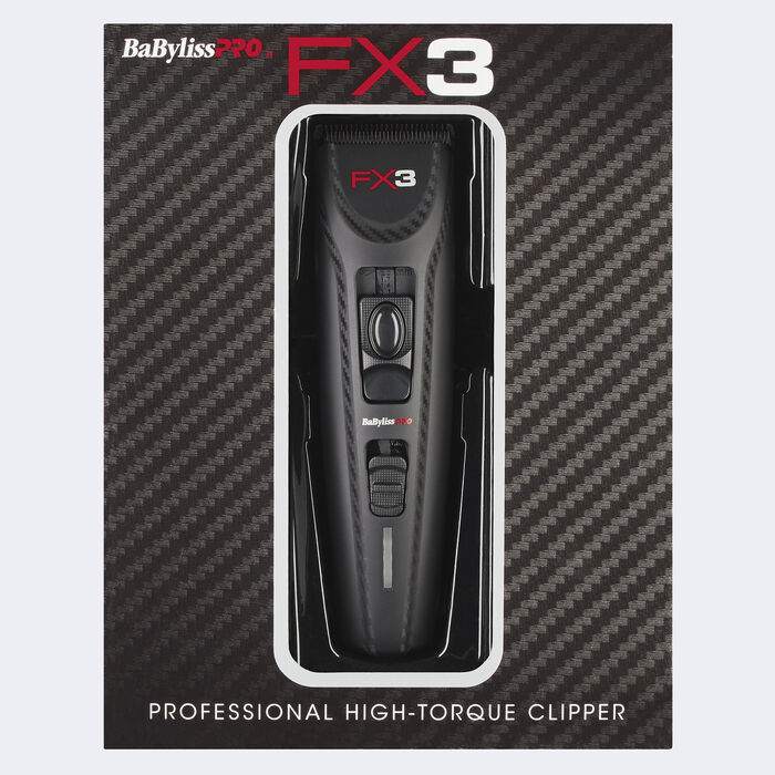 Máquina de cortar cabelo BaByliss PRO FX3 em embalagem preta com padrão de fibra de carbono