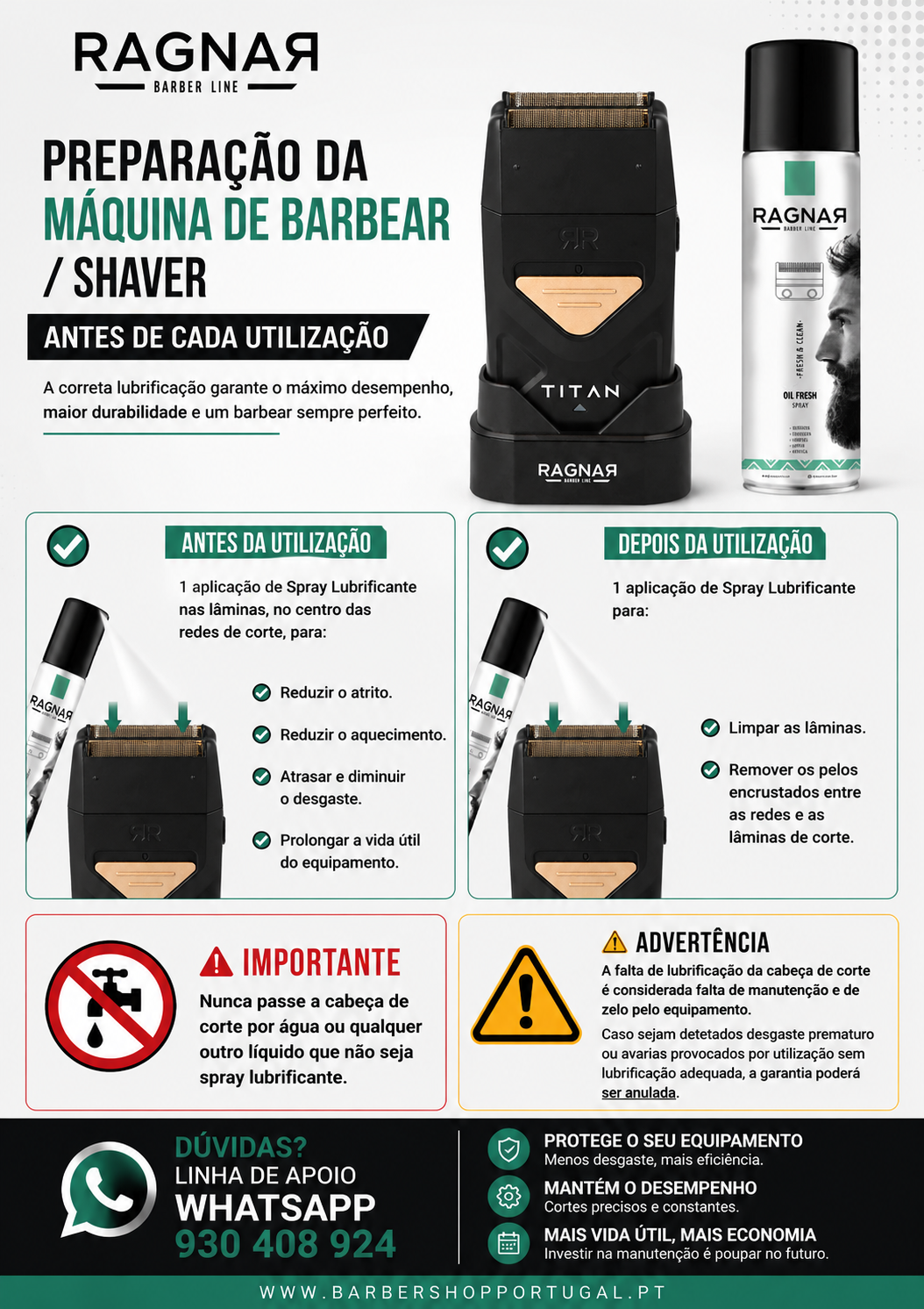 Aparelho de barbear elétrico preto TITAN e spray lubrificante RAGNAR com texto de instruções e avisos em fundo branco