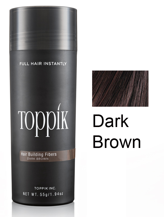 Frasco preto de produto toppik para cabelo castanho escuro