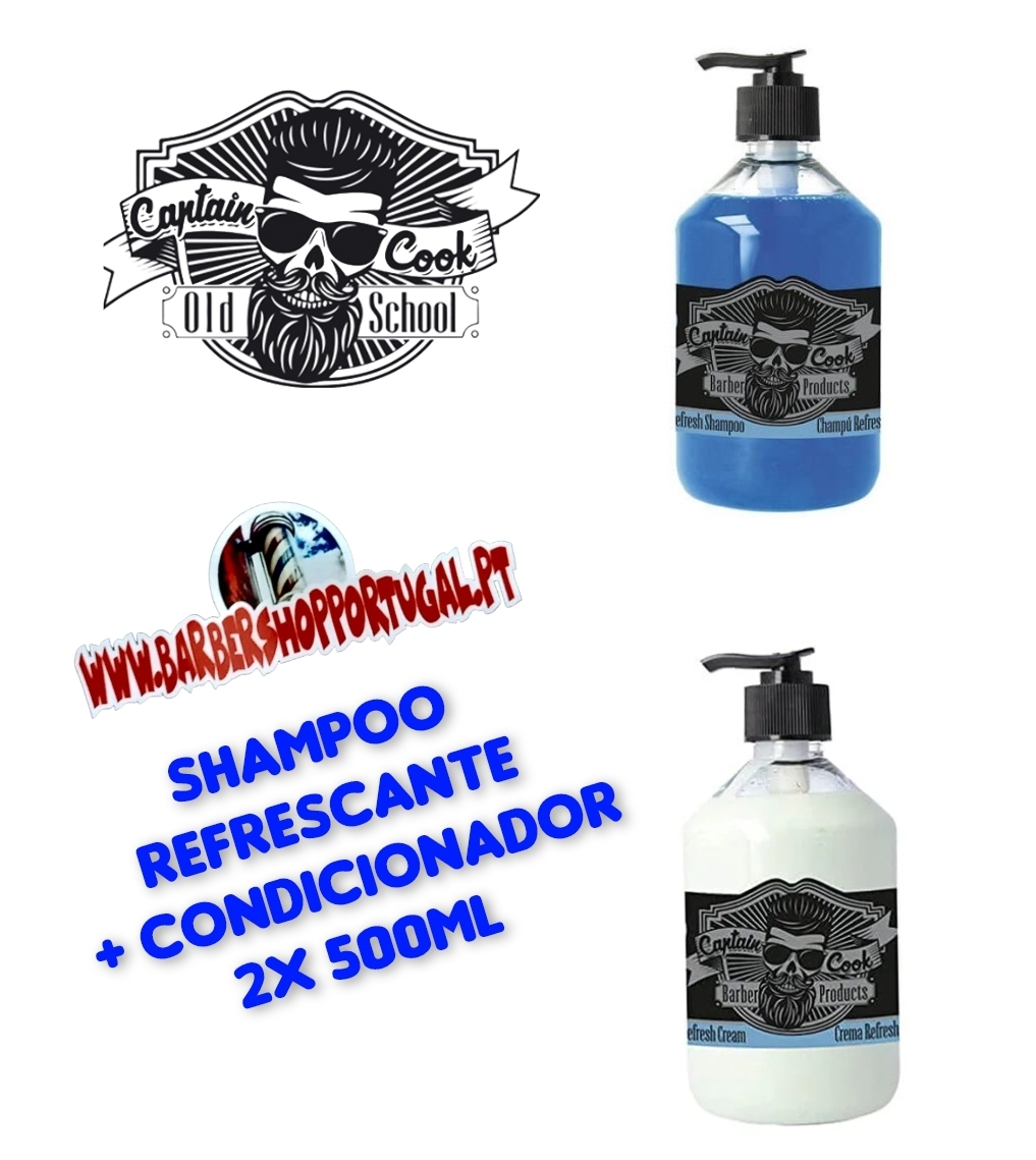 Dois frascos com produtos para cabelo rotulados Captain Cook Old School e texto promocional em português.