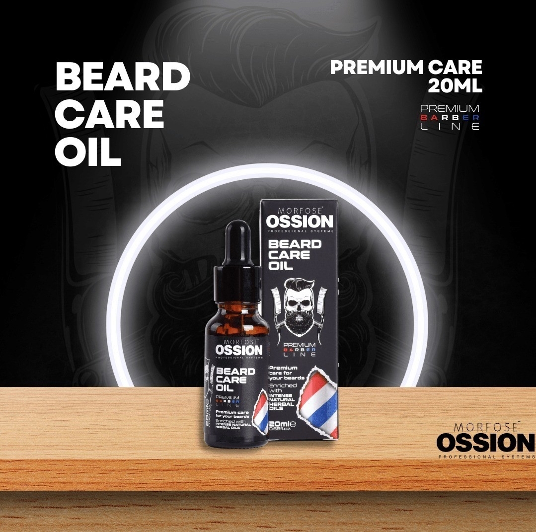 Frasco de óleo para barba OSSION e caixa preta em fundo cinzento escuro com anel de luz