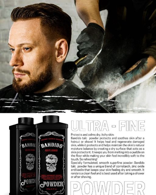 Frascos de Bandido Powder junto a homem com barba a receber aplicação de pó de barba.