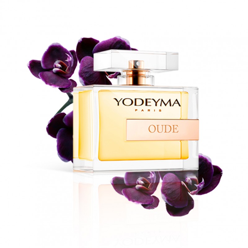 Frasco de perfume YODEYMA PARIS OUDE com flores roxas
