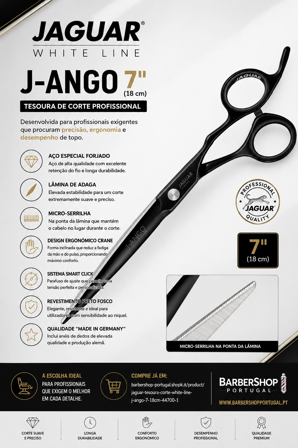 Anúncio de tesoura profissional J-Ango 7 Jaguar preto fosco com lâmina micro-serrilha e design ergonómico