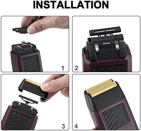 Quadros mostrando instalação de cabeça de barbear elétrica preta e vermelha com lâmina dourada